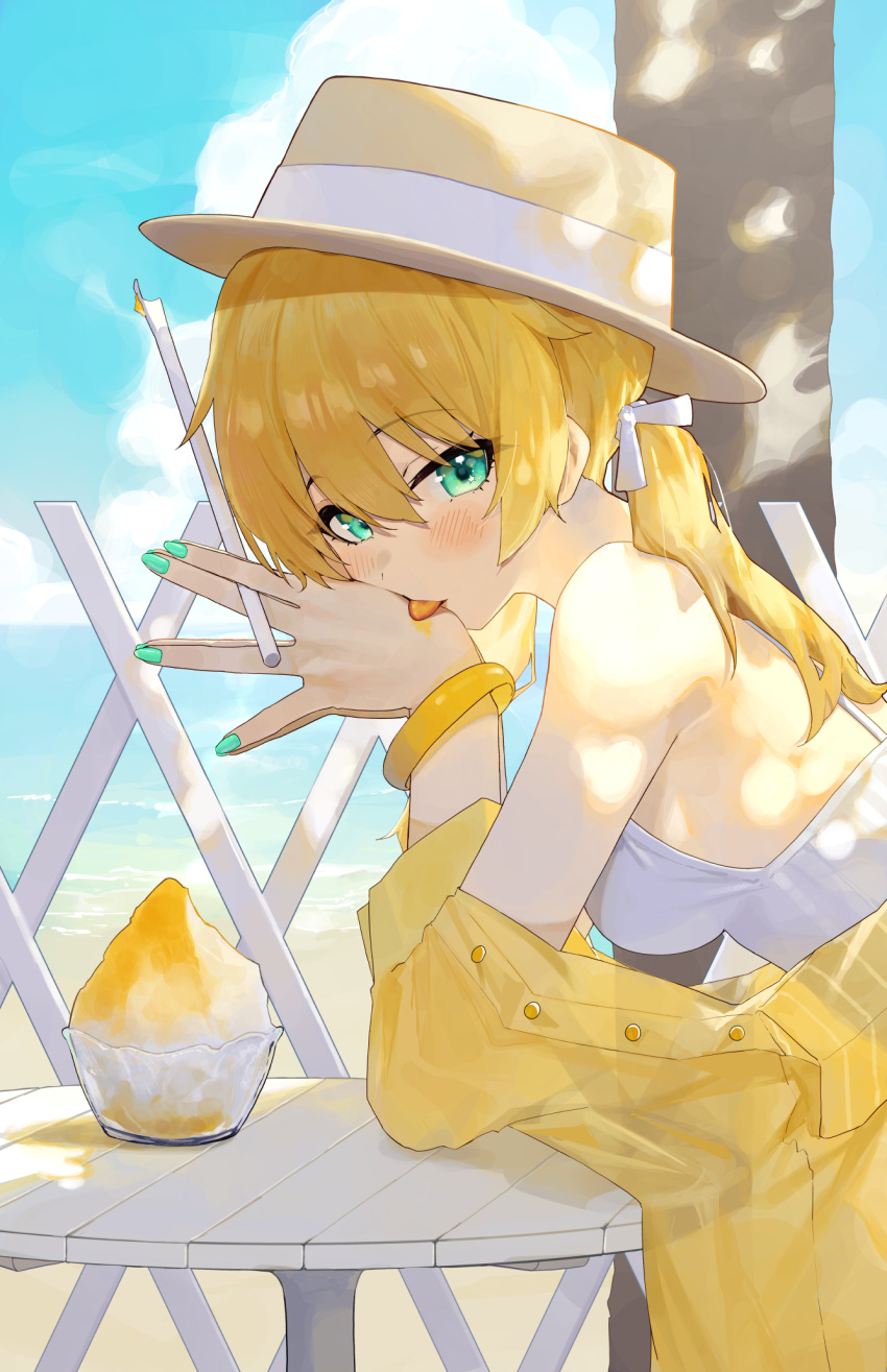 1girl bangle blonde_hair blue_sky blush bowl bracelet breasts brown_headwear cloud commentary_request day drinking_straw food green_eyes green_nails hat highres holding holding_drinking_straw jacket jewelry leaning_forward leaning_on_table long_hair looking_at_viewer looking_to_the_side ningen_gokko off_shoulder open_mouth original outdoors shaved_ice shirt sky sleeveless sleeveless_shirt small_breasts solo table tongue tongue_out twintails upper_body white_shirt yellow_jacket