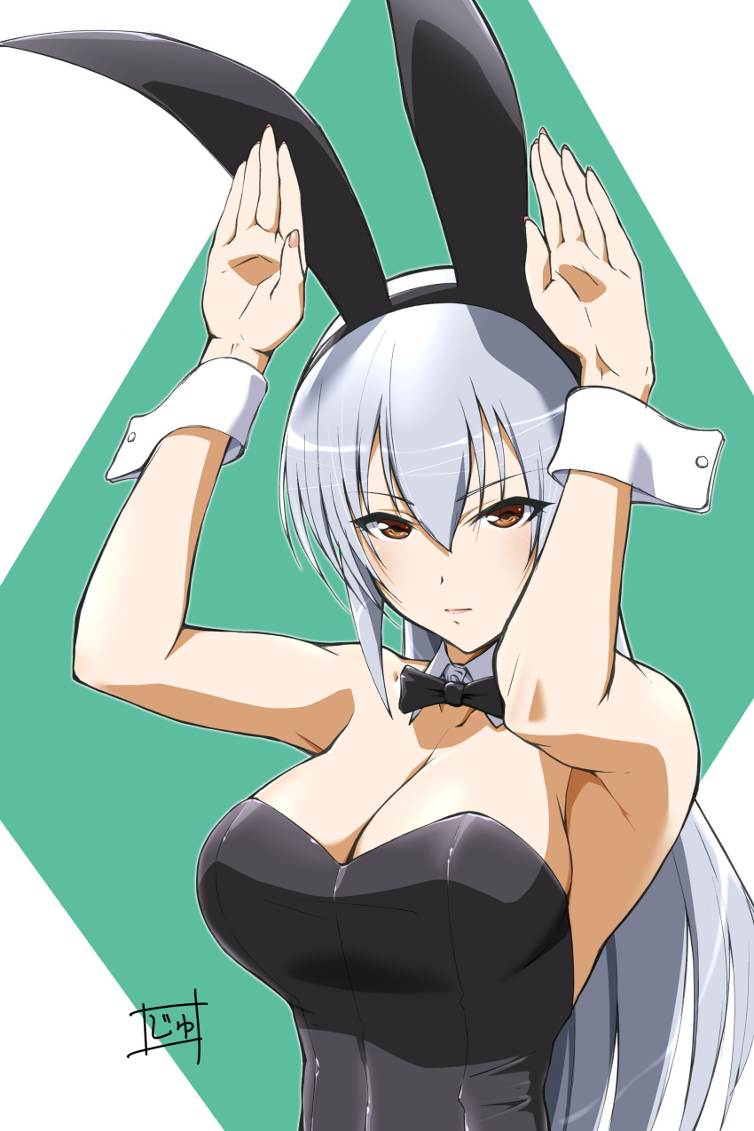 1girl absurdres animal_ears armpits arms_up bare_shoulders black_bow black_bowtie black_hairband black_leotard bow bowtie breasts brown_eyes cleavage closed_mouth collar detached_collar dot_nose fake_animal_ears green_background grey_hair hairband highres idolmaster idolmaster_cinderella_girls idolmaster_cinderella_girls_starlight_stage large_breasts leotard long_hair looking_at_viewer playboy_bunny rabbit_ears rabbit_pose signature solo strapless strapless_leotard takamine_noa uchimura_p upper_body white_collar white_wrist_cuffs