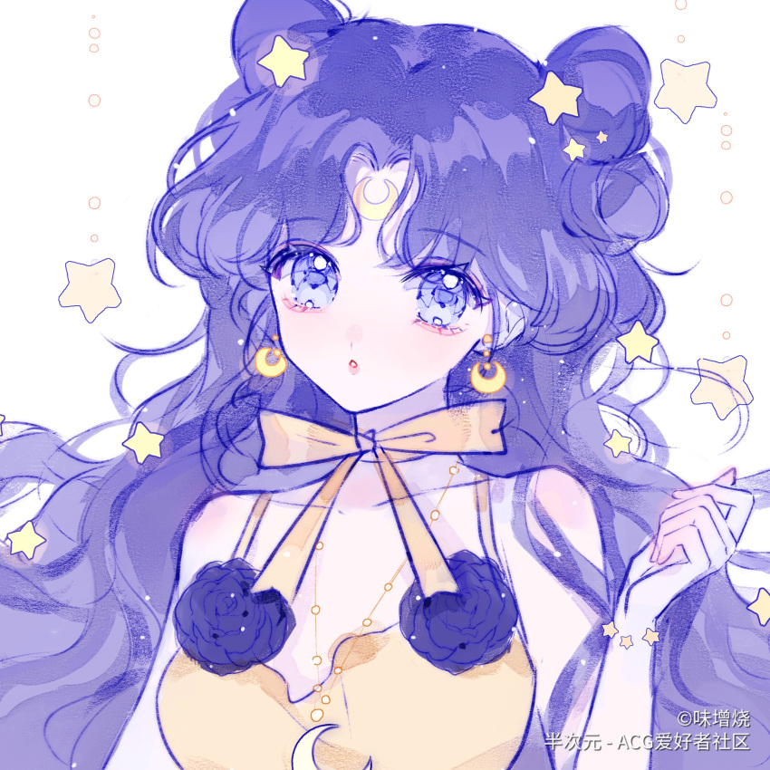 1girl bishoujo_senshi_sailor_moon blue_eyes bow bow_choker breasts chestnut_mouth cleavage crescent crescent_earrings dress earrings hair_ornament highres jewelry long_hair luna_(sailor_moon)_(human) makeup miso_yaki parted_bangs purple_hair small_breasts solo star_(symbol) star_hair_ornament upper_body watermark wavy_hair yellow_bow yellow_dress