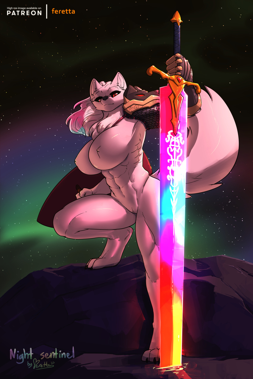 abs absurd_res albino armor aurora_(phenomenon) big_breasts black_sclera breasts canid canine canis dire_wolf female feretta fur hi_res looking_at_viewer mammal melee_weapon muscular muscular_female nude prydr red_eyes shield sky star starry_sky sword weapon white_body white_fur