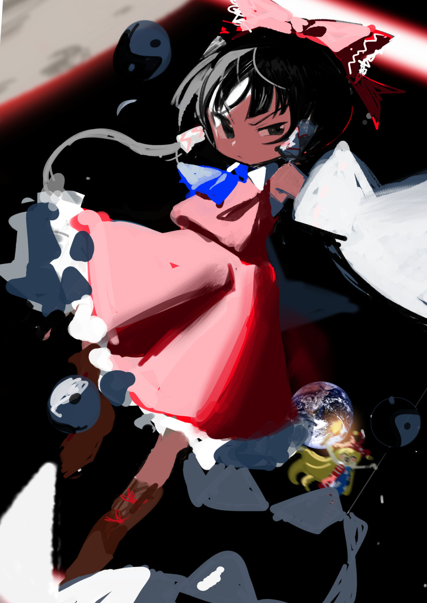 2girls ^_^ american_flag_dress ascot black_eyes black_hair blonde_hair blue_ascot blush_stickers boots bow brown_footwear closed_eyes closed_mouth clownpiece collared_dress detached_sleeves dress earth_(planet) floating_hair frilled_dress frills hair_bow hair_tubes hakurei_reimu highres holding holding_torch kokaki_mumose long_hair looking_at_viewer moon motion_blur multiple_girls nontraditional_miko open_mouth orb planet red_bow red_dress shide short_dress sidelighting sleeveless sleeveless_dress solo_focus space torch touhou uneven_eyes v-shaped_eyebrows very_long_hair white_sleeves yin_yang yin_yang_orb
