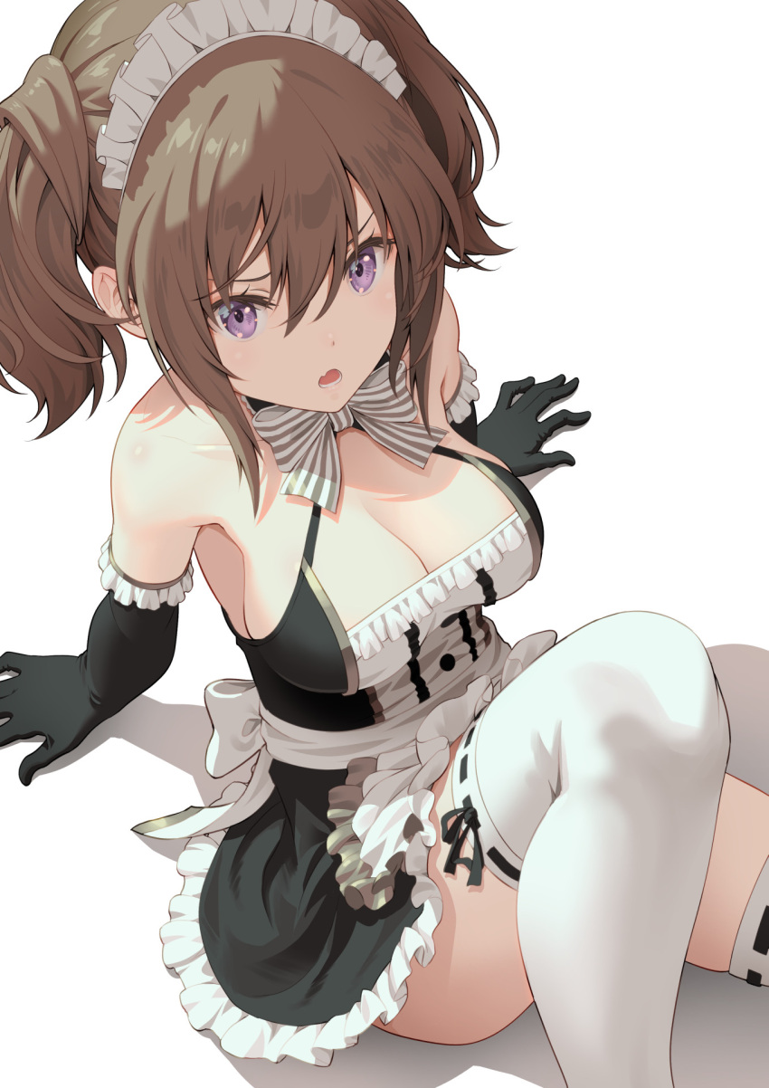 1girl arm_support back_bow bare_shoulders black_dress black_gloves bow bowtie breasts brown_hair cleavage dress elbow_gloves fang frilled_dress frilled_gloves frills from_above gloves hairstyle_request halter_dress halterneck highres knee_up large_breasts maid maid_headdress open_mouth original pinakes purple_eyes sidelocks simple_background sitting skin_fang solo striped striped_bow striped_bowtie thighhighs white_background white_bow white_bowtie white_dress white_thighhighs