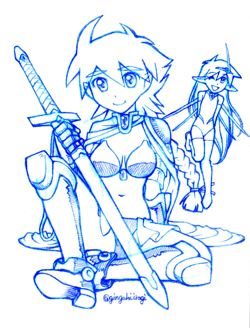 2girls arm_support armor artist_name bikini_armor braid breasts cape fantasy g-hiiragi gauntlets highres knee_up long_hair midriff monochrome multiple_girls navel on_ground one_eye_closed open_mouth original pointy_ears shoulder_plates sitting sketch smile standing standing_on_one_leg traditional_media