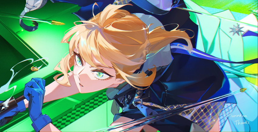 1girl blonde_hair blue_gloves bullet bullet_trail casing_ejection cocking_gun girls'_frontline gloves green_eyes gun handgun highres holding holding_gun holding_weapon jacket mod3_(girls'_frontline) shell_casing solo thank_you tr6xx weapon welrod_mk2 welrod_mkii_(girls'_frontline)