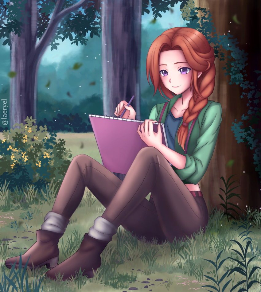 1girl blue_shirt boots braid brown_footwear brown_pants closed_mouth collarbone commentary drawing english_commentary forest grass green_jacket highres holding holding_notebook holding_pen jacket laeryel leaf leah_(stardew_valley) long_hair nature notebook open_clothes open_jacket orange_hair outdoors pants pen purple_eyes shirt sleeves_rolled_up smile solo stardew_valley suspenders tree twitter_username