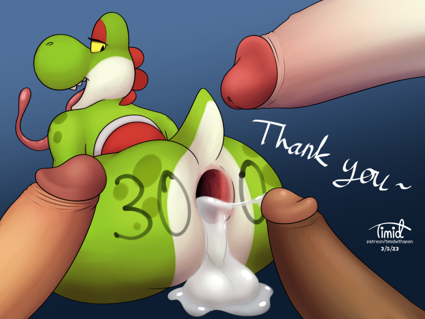 anthro anus balls bodily_fluids butt cum cum_in_ass cum_inside cum_on_balls cum_on_penis digital_media_(artwork) erection fan_character gaping gaping_anus genital_fluids genitals green_yoshi hi_res leaking_cum male mario_bros naus nintendo nude open_mouth penis sex simple_background smile solo teeth timidwithapen tongue yoshi