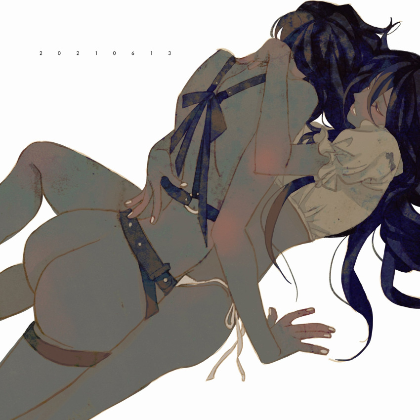 2girls ass chest_harness crop_top dated dildo hand_on_another's_back harness highres hug long_hair luoman19921 multiple_girls nude original panties sex_toy shirt short_hair simple_background smile strap-on underwear white_background white_panties white_shirt yuri