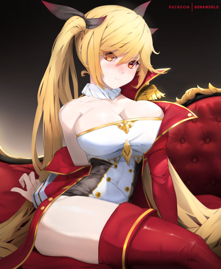 1girl azur_lane bare_shoulders black_dress black_ribbon blonde_hair blush boots breasts cleavage closed_mouth coat covered_navel dress epaulettes hair_between_eyes hair_ribbon highres large_breasts long_hair looking_at_viewer nelson_(azur_lane) off_shoulder open_clothes open_coat patreon_username red_coat red_eyes red_footwear ribbon sitting solo sonaworld thigh_boots twintails two-tone_dress white_dress