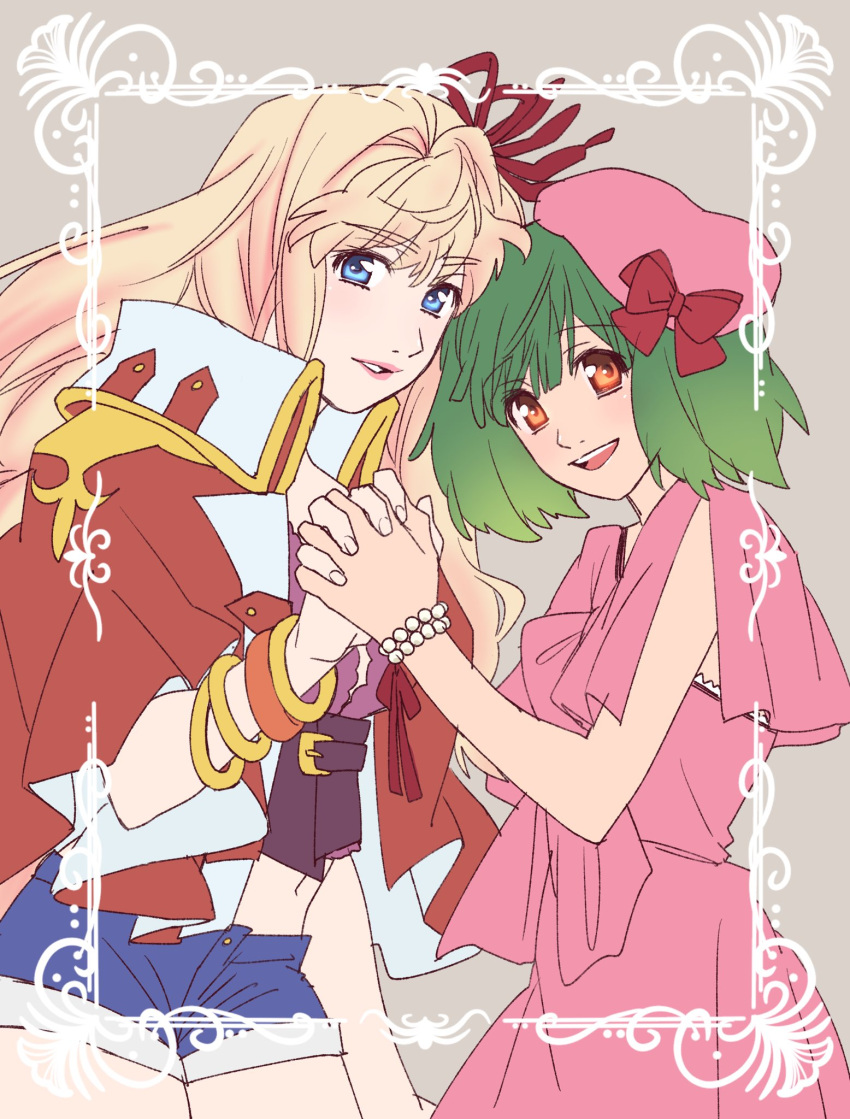 2girls bangle belt_buckle blonde_hair blue_eyes blue_shorts blunt_bangs bracelet buckle commentary_request cowboy_shot crop_top dress green_hair hair_ornament hat highres holding_hands interlocked_fingers jacket jewelry karuha_(okamoto_sada) light_blush long_hair looking_at_viewer macross macross_frontier macross_frontier:_itsuwari_no_utahime medium_hair midriff multiple_girls navel open_mouth parted_lips pink_dress pink_headwear pink_lips ranka_lee red_eyes red_jacket sheryl_nome short_shorts shorts teeth upper_teeth_only