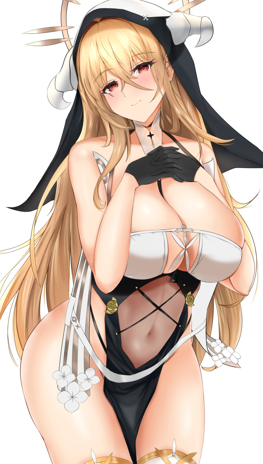 1girl absurdres azur_lane between_breasts black_gloves blonde_hair breast_cutout breasts cleavage covered_navel cowboy_shot fake_horns gloves half_gloves highres horns huge_breasts implacable_(azur_lane) interlocked_fingers long_hair looking_at_viewer nun pelvic_curtain pokko red_eyes revealing_clothes see-through simple_background skindentation solo standing strap_between_breasts thighhighs very_long_hair white_background white_horns white_thighhighs