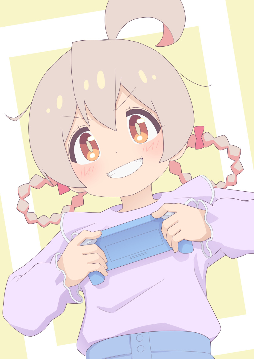 1girl absurdres ahoge braid brown_eyes commentary controller game_controller grin hair_between_eyes highres holding holding_controller holding_game_controller huge_ahoge light_blush long_sleeves looking_at_viewer looped_braids onii-chan_wa_oshimai! oyama_mahiro purple_shirt rundraw shirt simple_background smile solo teeth twin_braids upper_body v-shaped_eyebrows yellow_background