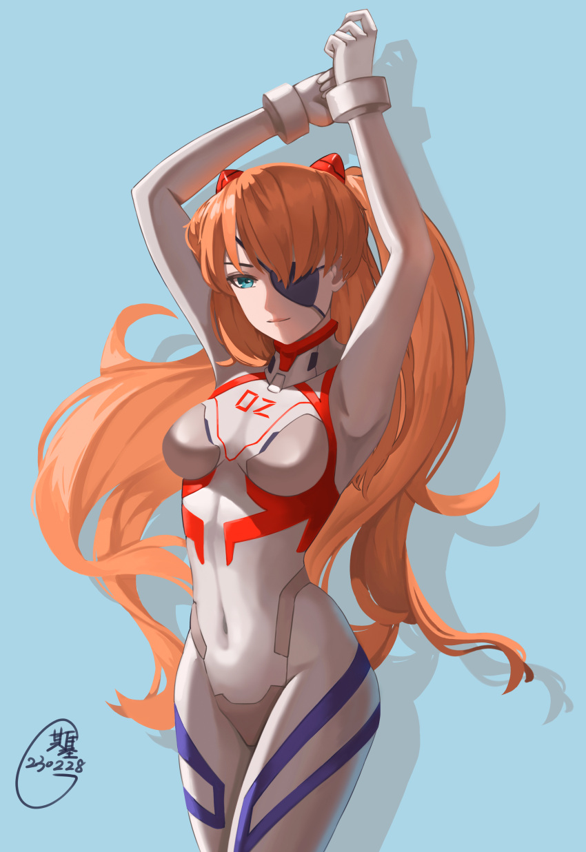 1girl absurdres armpits arms_up blue_background blue_eyes bodysuit breasts covered_navel cowboy_shot english_commentary evangelion:_3.0_you_can_(not)_redo eyepatch hair_over_one_eye headgear highres interface_headset light_smile long_hair maskiy medium_breasts multicolored_bodysuit multicolored_clothes neon_genesis_evangelion orange_hair pilot_suit plugsuit rebuild_of_evangelion red_bodysuit shadow simple_background solo souryuu_asuka_langley thighs twintails very_long_hair white_bodysuit