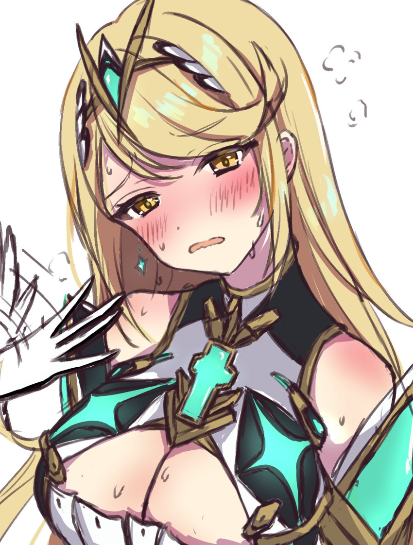 1girl bare_shoulders blonde_hair blush breasts chest_jewel cleavage cleavage_cutout clothing_cutout drop_earrings earrings elbow_gloves fanning_face gloves highres jewelry large_breasts long_hair mythra_(xenoblade) norimaki_(nrmk_norinori) solo sweat swept_bangs tiara very_long_hair white_gloves xenoblade_chronicles_(series) xenoblade_chronicles_2 yellow_eyes