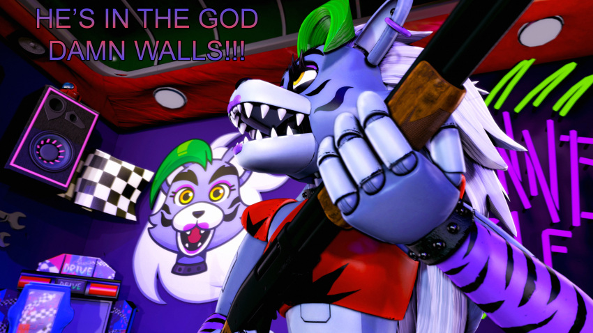 2023 3d_(artwork) 4k absurd_res among_us animatronic anthro arcade_machine arm_warmers armwear canid canine canis clothing crop_top detailed_background dialogue digital_media_(artwork) ear_piercing ear_ring english_text eyelashes eyeshadow female fingers five_nights_at_freddy's five_nights_at_freddy's:_security_breach green_hair green_highlights grey_body grey_hair grey_skin gun hair hi_res highlights_(coloring) innersloth inside lipstick long_hair machine makeup mammal midriff multicolored_body multicolored_hair multicolored_skin neon_sign open_mouth piercing purple_lipstick ranged_weapon ring_piercing robot roxanne_wolf_(fnaf) scottgames sharp_teeth shirt shotgun shoulder_pads sign solo source_filmmaker speaker steel_wool_studios teeth text themanwithaquest tools topwear two_tone_body two_tone_hair two_tone_skin weapon wolf wrench yellow_eyes