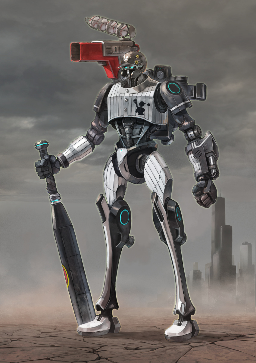 baseball_(object) baseball_bat baseball_helmet baseball_uniform blue_eyes city clenched_hand clothed_robot cloud cloudy_sky cropped_shirt desert dust english_commentary full_body glowing glowing_eyes helmet highres holding holding_baseball_bat hukutuuprunes mecha mixed-language_commentary original pitching_machine robot shadow shirt sky sleeveless sleeveless_shirt sportswear white_shirt