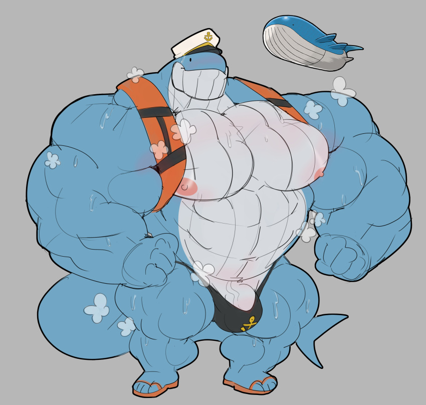 abs absurd_res anchor_symbol anthro areola baleen_whale barely_contained big_bulge big_muscles big_tail blue_body blue_whale blush bodily_fluids bulge cetacean clothing countershading dumbandgreen footwear generation_3_pokemon hi_res huge_abs huge_biceps huge_calves huge_deltoids huge_muscles huge_pecs huge_quads huge_trapezium humanoid hyper hyper_muscles life_jacket male mammal manly marine musclegut muscular nintendo nipples orange_clothing pecs pink_nipples pokemon pokemon_(species) pokemorph sailor_hat sandals slightly_chubby solo steam_clouds sweat tail wailord white_body white_countershading