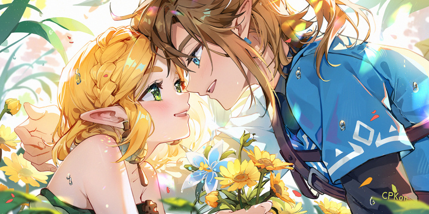 1boy 1girl blonde_hair blue_eyes bouquet brown_hair cat_princess champion's_tunic_(zelda) dress earrings flower forehead-to-forehead green_eyes heads_together jewelry link looking_at_another pointy_ears princess_zelda short_hair silent_princess smile strapless strapless_dress the_legend_of_zelda the_legend_of_zelda:_tears_of_the_kingdom