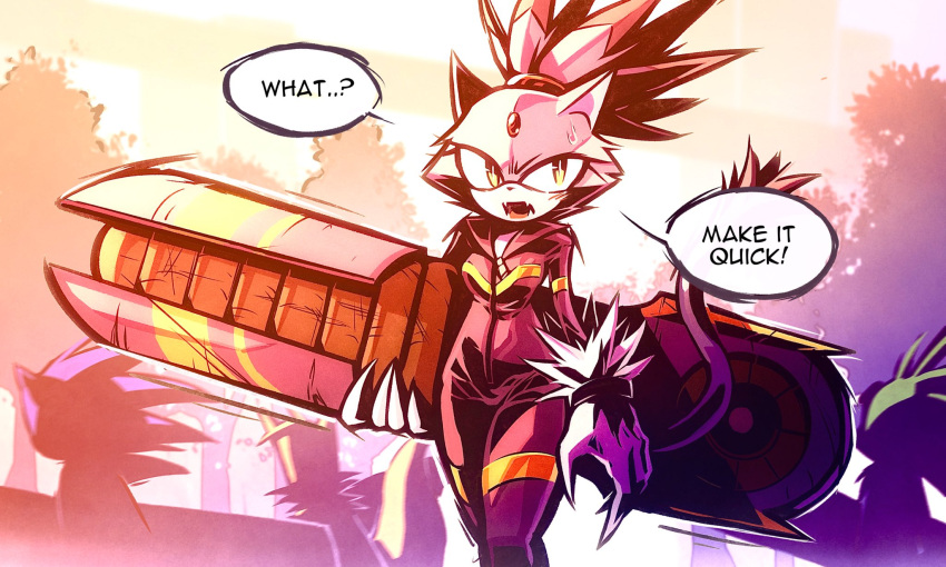 animal_ears blaze_the_cat cat_ears cat_girl cat_tail fangs forehead_jewel full-length_zipper fur-trimmed_gloves fur_trim gloves highres hoodedmask hover_board jet_the_hawk jumpsuit ponytail purple_fur purple_jumpsuit sonic_(series) sonic_riders sonic_the_hedgehog speech_bubble sweatdrop tail tails_(sonic) tree white_gloves yellow_eyes zipper zipper_pull_tab