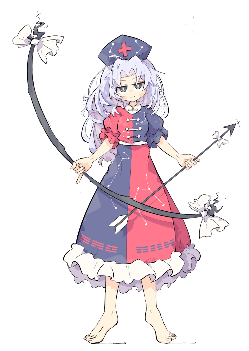 1girl absurdres arrow_(projectile) barefoot black_eyes blue_hair blush bow_(weapon) closed_mouth constellation_print dress full_body hair_intakes hat highres holding holding_arrow holding_bow_(weapon) holding_weapon long_hair looking_at_viewer multicolored_clothes multicolored_dress nurse_cap parted_bangs primsla purple_dress purple_headwear red_dress simple_background smile solo standing tiptoes touhou weapon white_background white_dress yagokoro_eirin