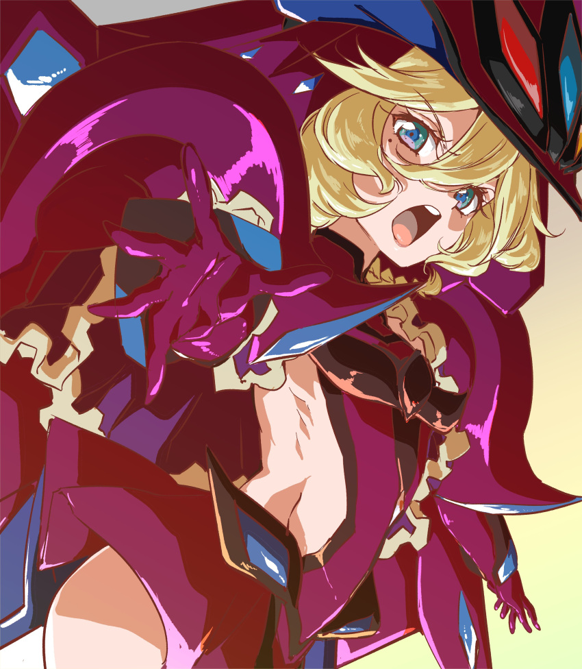 1girl absurdres blonde_hair blue_eyes carol_malus_dienheim clothing_cutout elbow_gloves flat_chest fujimoto_satoru gloves hat highres looking_at_viewer microskirt mole mole_under_eye open_mouth outstretched_arm purple_gloves ribs senki_zesshou_symphogear shiny_skin short_hair side_cutout sideless_outfit skirt solo