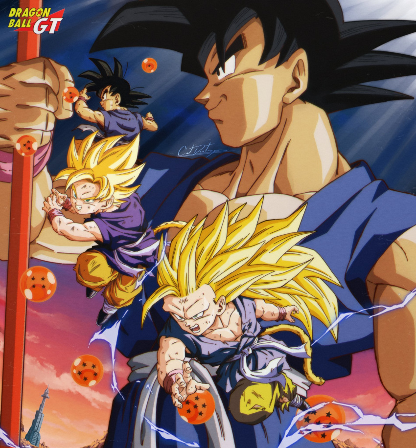 black_eyes black_hair blonde_hair bruise bruise_on_face catdestroyer dark-skinned_male dark_skin dougi dragon_ball dragon_ball_(object) dragon_ball_gt green_eyes highres injury long_hair monkey_tail multiple_persona muscular muscular_child muscular_male no_eyebrows nyoibo saiyan smile son_goku spiked_hair super_saiyan super_saiyan_1 super_saiyan_3 tail tan