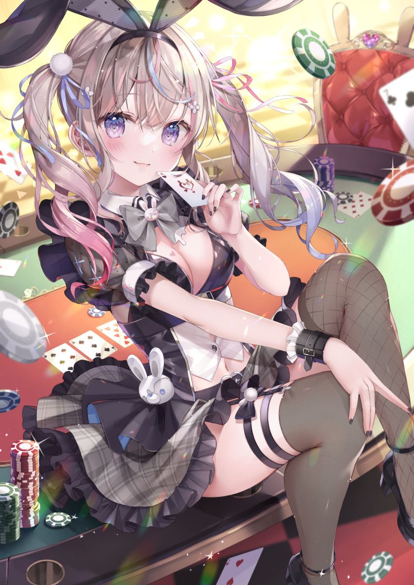 1girl animal_ears black_dress black_nails black_thighhighs blue_hair blush bow bowtie breasts card casino_card_table detached_collar dress fake_animal_ears falling_card gradient_hair hair_ornament hairclip highres holding holding_card large_breasts light_brown_hair looking_at_viewer multicolored_hair navel original pink_hair playing_card poker_chip poker_table purple_eyes rabbit_ears revealing_clothes shiori_(xxxsi) sitting smile table thigh_strap thighhighs traditional_bowtie twintails wrist_cuffs