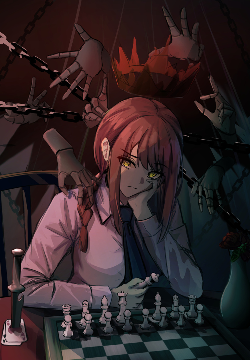 1girl black_necktie board_game braid braided_ponytail card chain chainsaw_man chair chess chess_piece commentary doll_joints essukaa_(e-su) flower head_rest highres holding holding_chess_piece joints knife long_hair long_sleeves makima_(chainsaw_man) necktie on_chair red_flower red_hair red_rose ringed_eyes rose shirt sidelocks sitting table white_shirt yellow_eyes