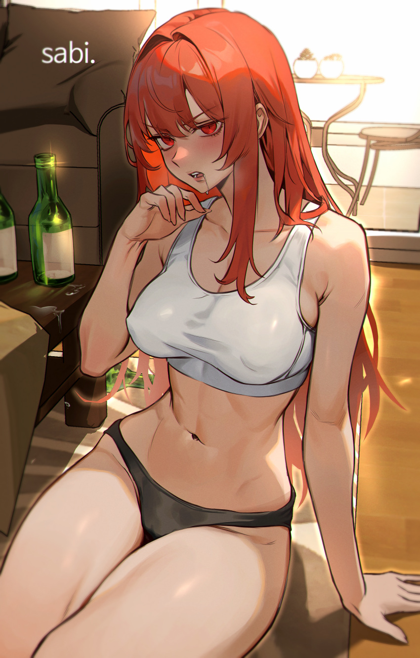 1girl abs absurdres alcohol alternate_costume artist_name bare_shoulders black_panties blush breasts collarbone commentary couch drooling drunk elesis_(elsword) elsword english_commentary highres indoors long_hair looking_at_viewer medium_breasts navel panties red_eyes red_hair sabi_(ghke4333) saliva sitting sleeveless solo stomach table tank_top thighs underwear white_tank_top