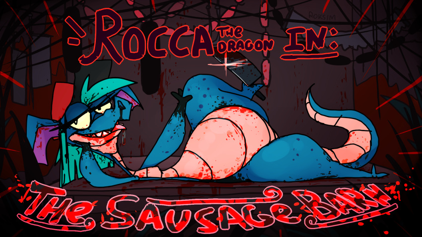 anthro belly big_belly blood blue_body blue_hair bodily_fluids disney dragon fan_character female food hair hi_res knife looking_at_viewer lying meat on_back rocca_the_dragon roksim sausage smile solo tail teeth