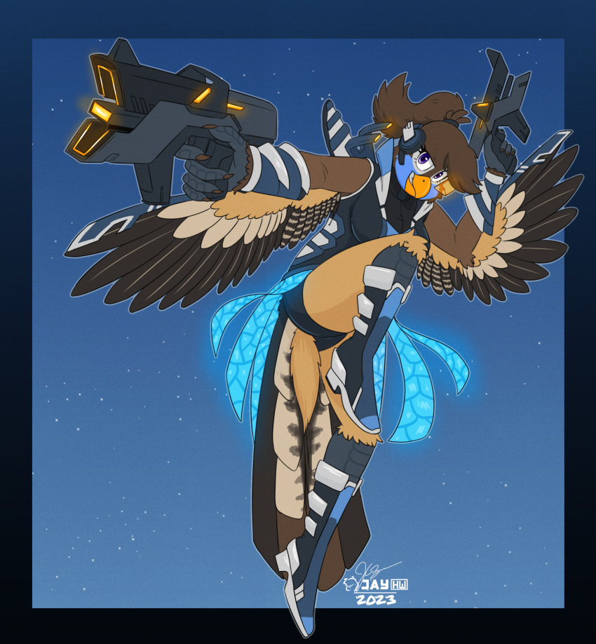 2023 5_fingers accessory action_pose anthro arm_tuft artist_logo avian beak bird black_hair_tie blue_background blue_body blue_feathers boots border brown_body brown_claws brown_feathers brown_hair cheek_tuft claws clenched_teeth clothing cosmic_background dual_wielding elbow_tuft eyebrows facial_tuft feathers female fingers footwear futuristic_clothing futuristic_gun glowing glowing_clothing gradient_border gun hair hair_accessory hair_tie headgear headwear hi_res holding_gun holding_object holding_weapon knee_tuft leg_tuft logo narrowed_eyes orange_beak outside_border outstretched_arm plantigrade ponytail pose purple_eyes raised_eyebrow raised_leg ranged_weapon ria_(sammfeatblueheart) sammfeatblueheart signature simple_background solo starry_background striped_feathers tail_feathers tan_body tan_feathers teeth trogon trogonid tuft weapon white_body white_feathers winged_arms wings wrist_tuft