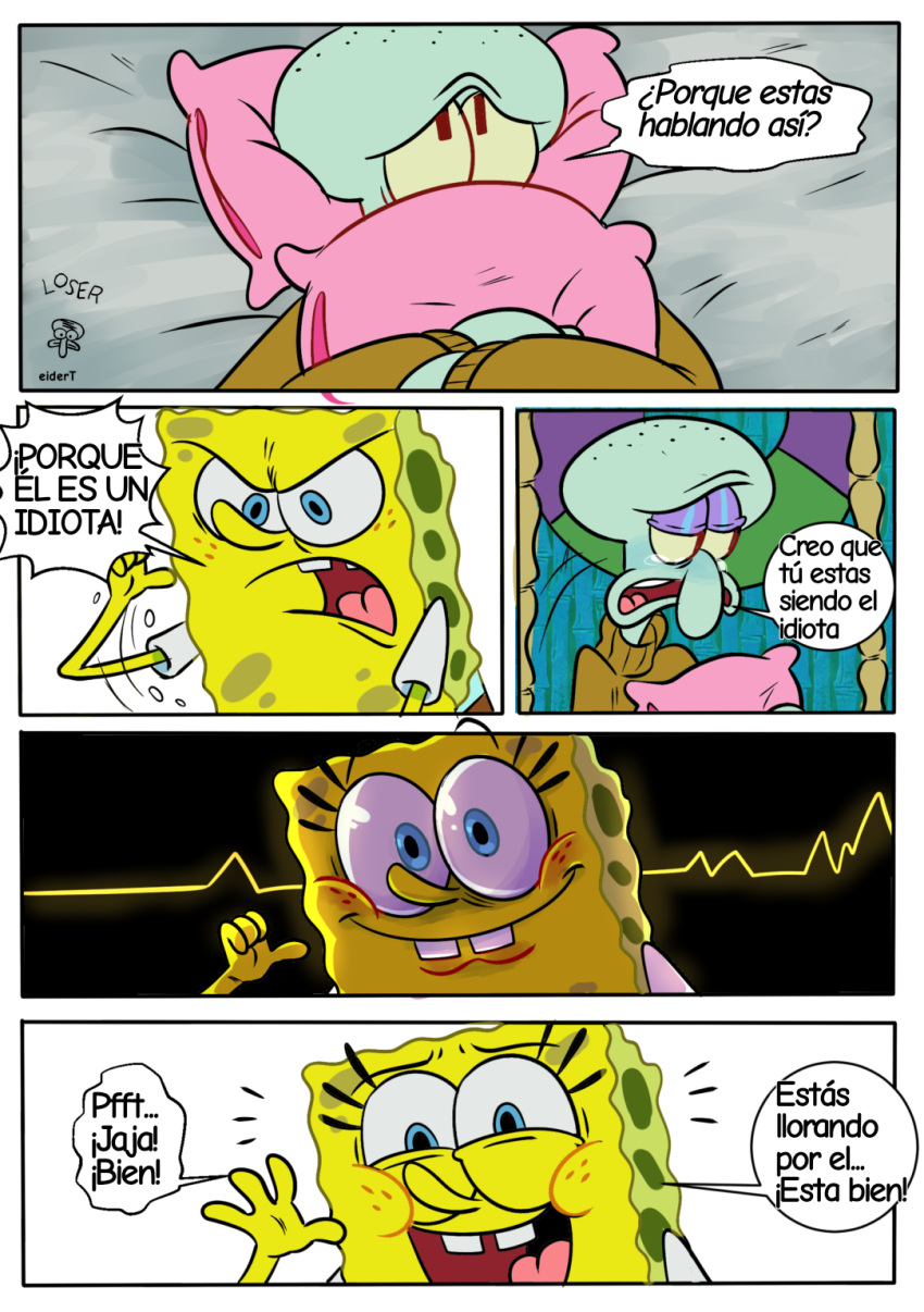 anthro cephalopod clothed clothing coleoid comic dialogue duo hi_res male marine mollusk nickelodeon octopodiform octopus on_model pancaketiffy pillow sea_sponge spanish_text speech_bubble spongebob_squarepants spongebob_squarepants_(character) squidward_tentacles text toony translation_check translation_request