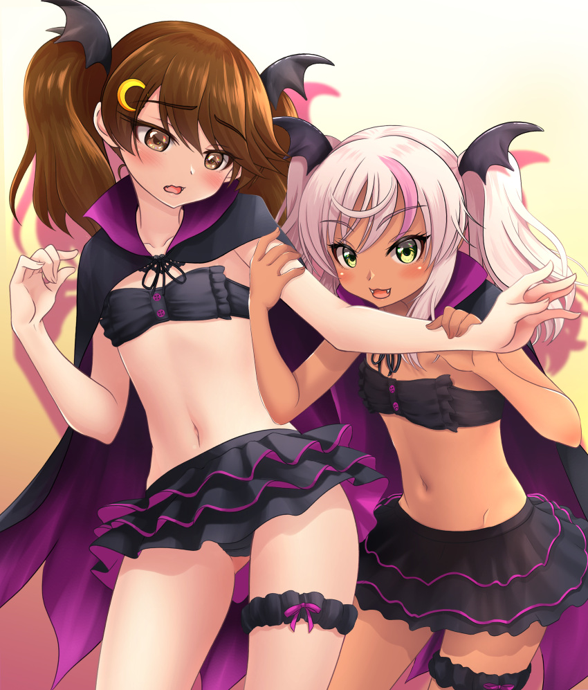2girls absurdres black_cape black_skirt black_wings blush brown_eyes brown_hair cape comandante_cappellini_(kancolle) comandante_cappellini_(kancolle)_(cosplay) cosplay cowboy_shot crescent crescent_hair_ornament fangs flat_chest green_eyes hair_ornament halloween halloween_costume head_wings highres kantai_collection long_hair makura_(y_makura) multiple_girls navel official_alternate_costume open_mouth pink_hair purple_cape ryuujou_(kancolle) skirt smile thigh_strap twintails two-sided_cape two-sided_fabric wings