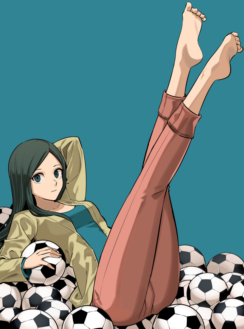 1girl absurdres arm_behind_head ball barefoot black_hair blue_background blue_eyes closed_mouth highres inazuma_eleven inazuma_eleven_(series) inazuma_eleven_victory_road kira_hitomiko legs_up long_hair long_sleeves looking_at_viewer lying pants pants_rolled_up rasupekuto shirt simple_background soccer_ball soles solo
