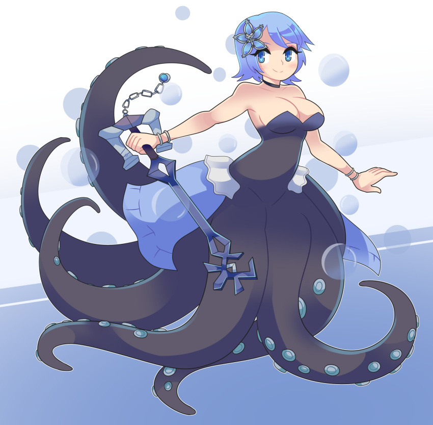 2022 aqua_(kingdom_hearts) bare_arms bare_shoulders blue_eyes blue_hair breasts bubble furry hair_ornament highres keyblade medium_breasts octopus onigiri_punch short_hair smile