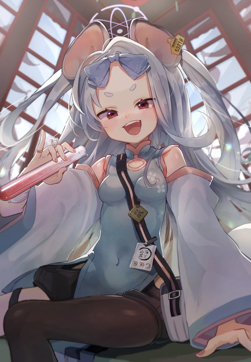 1girl absurdres animal_ears blue_archive bow chinese_clothes detached_sleeves ear_tag forehead grey_hair hair_bow hanfu highres holster id_card long_hair long_sleeves mouse mouse_ears mouse_girl open_mouth pantyhose parted_bangs pinky_ring red_eyes sakuma_yoshiharu saya_(blue_archive) short_eyebrows shorts side_slit side_slit_shorts single_leg_pantyhose smile solo thigh_holster twintails two_side_up wide_sleeves wrist_wrap
