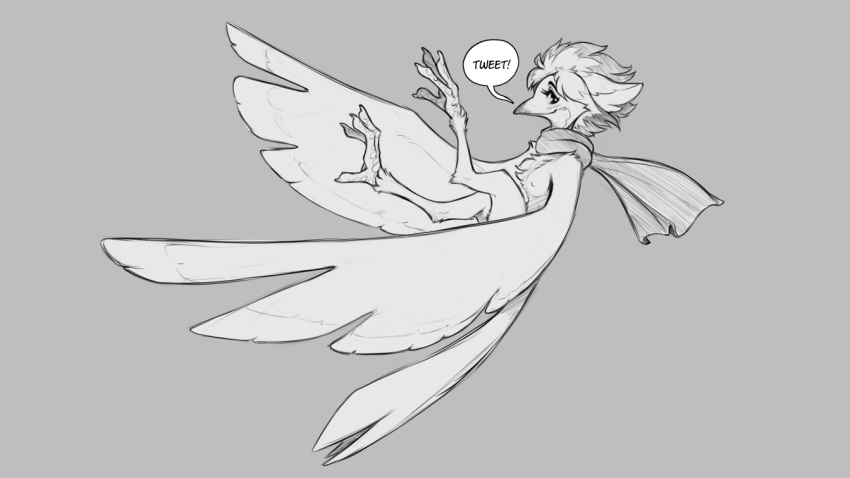 anthro avian avian_feet beak bird breasts feathered_wings feathers female greyscale looking_at_viewer monochrome mostly_nude nipples non-mammal_breasts non-mammal_nipples nude scarf scarf_only sketch small_breasts smile solo watsup wings