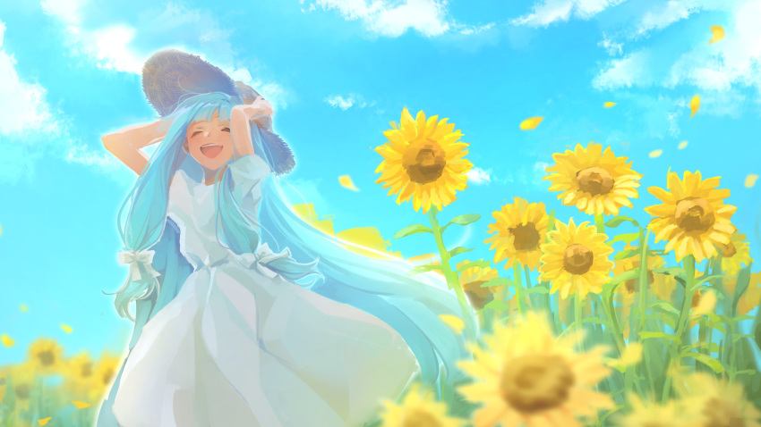 1girl alternate_costume blue_hair blue_sky blunt_bangs blush bow chipochopo324 closed_eyes cloud cloudy_sky commentary_request dress feet_out_of_frame field flower flower_field hair_bow hands_on_headwear hat highres kotonoha_aoi low_tied_sidelocks multiple_hair_bows open_mouth outdoors petals puffy_short_sleeves puffy_sleeves short_sleeves sidelocks sky smile solo standing straw_hat sundress sunflower sunflower_field voiceroid white_bow white_dress