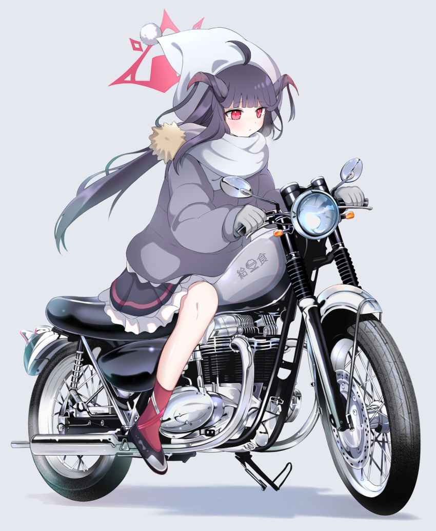 1girl ahoge black_dress black_footwear black_hair black_horns blue_archive blush closed_mouth demon_horns dress frilled_dress frills fur-trimmed_jacket fur_trim fuuka_(blue_archive) gloves grey_gloves grey_jacket grey_scarf halo hat highres horns jacket long_hair long_sleeves motor_vehicle motorcycle preste red_eyes red_halo red_socks riding scarf shoes socks solo twintails white_headwear