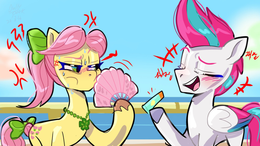 16:9 2023 adam's_apple angry blah_blah_blah blush bow_accessory cross-popping_vein cutie_mark digital_drawing_(artwork) digital_media_(artwork) duo earth_pony emanata equid equine female feral fetlocks folded_wings green_eyes hair hasbro hi_res hooves horse jewelry jully-park laugh mammal mlp_g5 multicolored_hair my_little_pony necklace pegasus pink_hair pink_tail pony posey_(g5) slim sunscreen tail two_tone_hair white_body widescreen wings yellow_body zipp_storm_(mlp)
