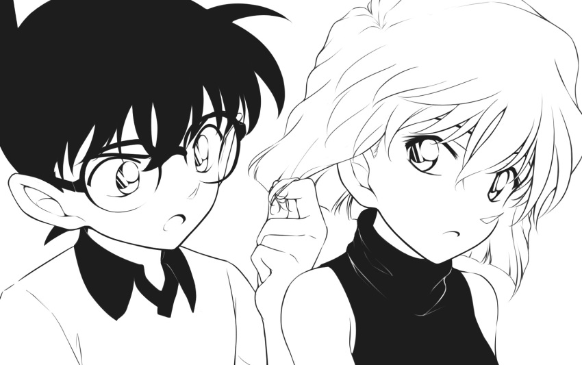 1boy 1girl :o bare_shoulders collared_shirt edogawa_conan glasses greyscale haibara_ai highres holding holding_hair looking_at_another medium_hair meitantei_conan monochrome shirt short_hair tohoho_(hoshinoyami)