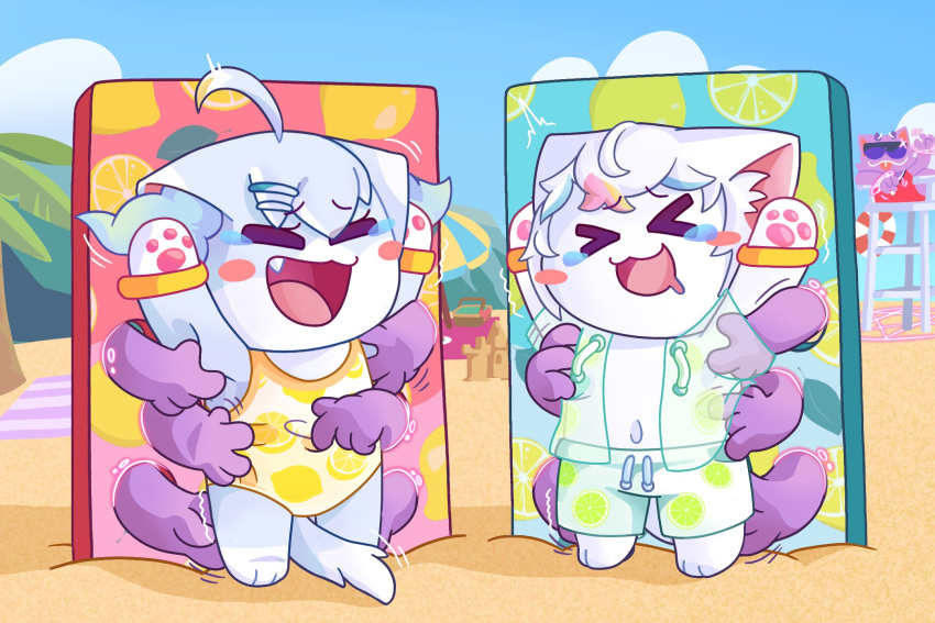 beach clothing dnaxcat dollytraiter07 domestic_cat duo felid feline felis female gameshow hi_res mammal punishment seaside swimwear tickletorture tickling torture