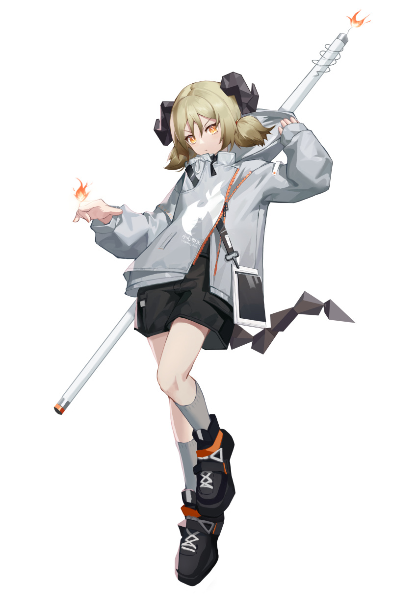 +_+ 11173 1girl absurdres arknights black_shirt black_shorts brown_hair closed_mouth fire flame frown full_body grey_jacket grey_socks high_tops highres hood hooded_jacket horns ifrit_(arknights) jacket kneehighs long_sleeves orange_eyes shirt shoes short_hair short_twintails shorts simple_background sneakers socks solo tail twintails v-shaped_eyebrows white_background