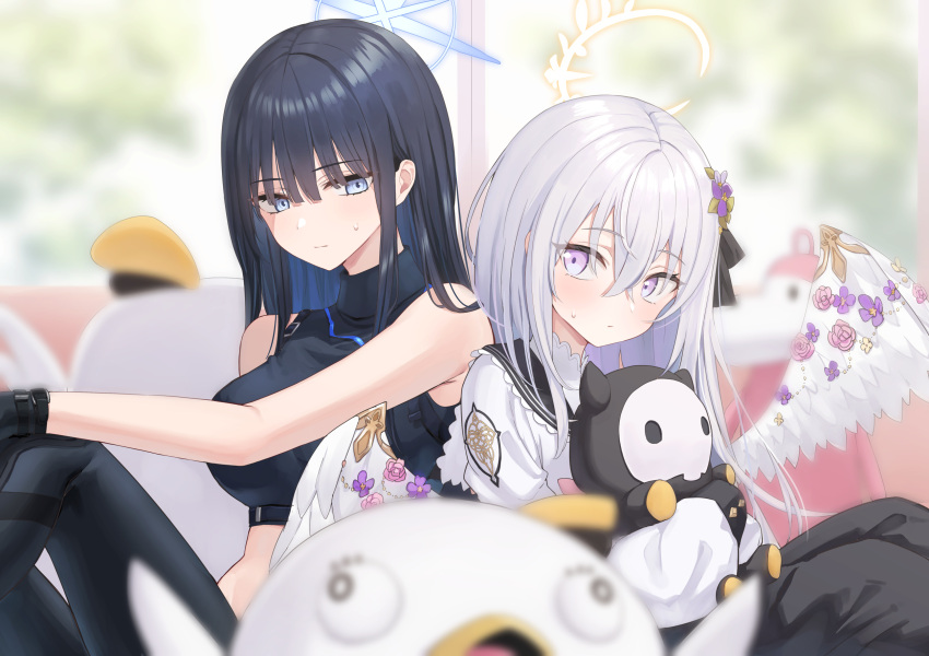 2girls azusa_(blue_archive) bare_arms bare_shoulders black_hair black_pants black_shirt blue_archive blue_eyes breasts commentary_request crop_top hair_between_eyes highres holding holding_stuffed_toy large_breasts leggings long_hair looking_at_viewer midriff multiple_girls no_headwear pants piripun purple_eyes saori_(blue_archive) shirt sitting sleeveless sleeveless_shirt stuffed_toy white_hair white_shirt