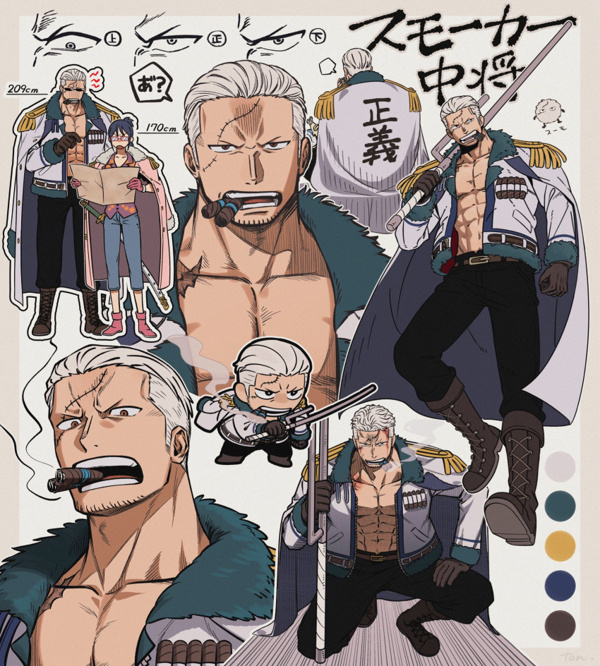 1boy 1girl annoyed blood blood_on_face boots chibi cigar coat frown goatee_stubble hair_slicked_back highres holding holding_map holding_weapon knee_boots long_sideburns map mature_male multiple_views no_shirt one_piece pectoral_cleavage pectorals short_hair sideburns smoker_(one_piece) smoking sparse_stubble standing tashigi tonta_(tonta1231) translation_request weapon