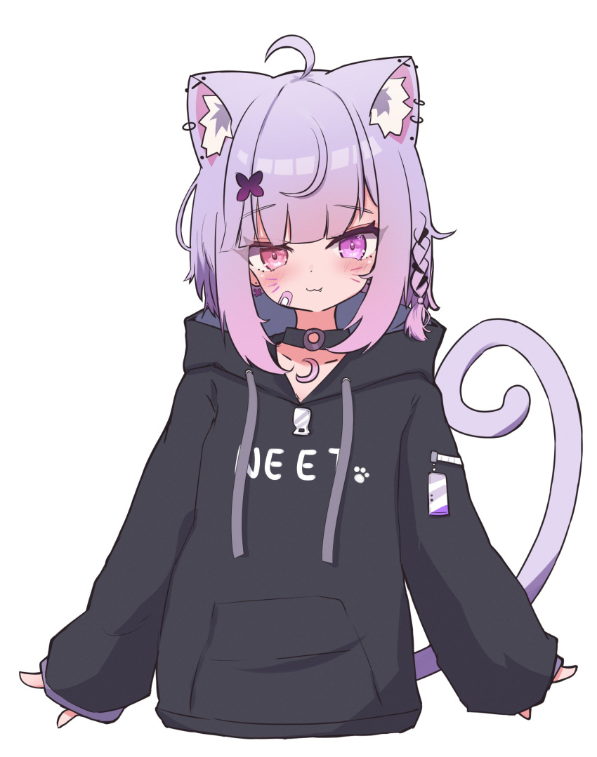 1girl :3 ahoge animal_ear_fluff bandaid bandaid_on_face blunt_bangs blush braid cat_tail closed_mouth collarbone crescent_choker cropped_torso ear_piercing fang fang_out flower hair_flower hair_ornament highres hood hoodie indie_virtual_youtuber long_sleeves medium_hair mikeneko_(utaite) milk_tea_1993 neet paw_print piercing purple_hair side_braid sidelocks simple_background smile solo tail white_background