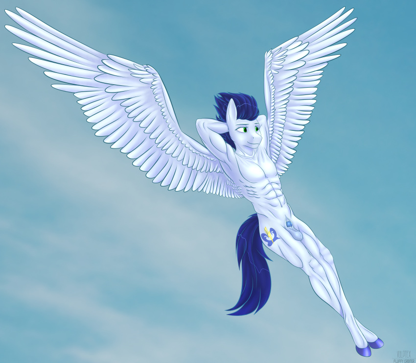 2023 abs absurd_res animal_genitalia anthro anthrofied athletic athletic_anthro athletic_male balls blue_body blue_feathers blue_hair blue_tail digital_media_(artwork) equid equine feathered_wings feathers fluffyorbiter flying friendship_is_magic genitals green_eyes hair hasbro hi_res hooves male mammal muscular muscular_anthro muscular_male my_little_pony pegasus sky smile soarin_(mlp) solo spread_wings tail wings wonderbolts_(mlp)