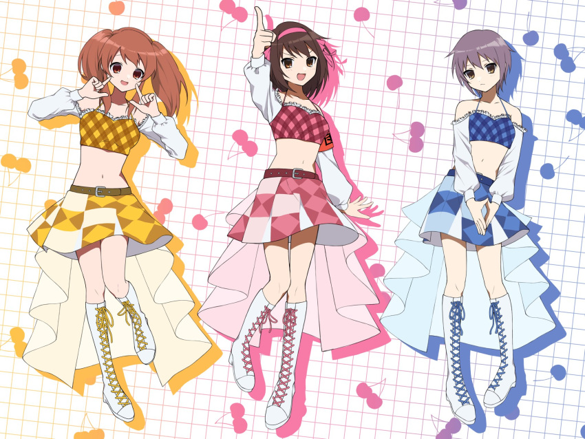 3girls :d arm_up asahina_mikuru belt blue_belt blue_bra blue_skirt bob_cut boots bra brown_eyes brown_hair closed_mouth commentary_request crop_top fsin_1 full_body hair_ribbon hairband highres index_finger_raised long_hair long_sleeves looking_at_viewer medium_hair multiple_girls nagato_yuki navel open_mouth orange_eyes orange_hair pink_bra pink_hairband pink_ribbon pink_skirt plaid plaid_bra purple_hair red_belt ribbon skirt smile standing suzumiya_haruhi suzumiya_haruhi_no_yuuutsu twintails underwear white_footwear yellow_belt yellow_bra yellow_skirt