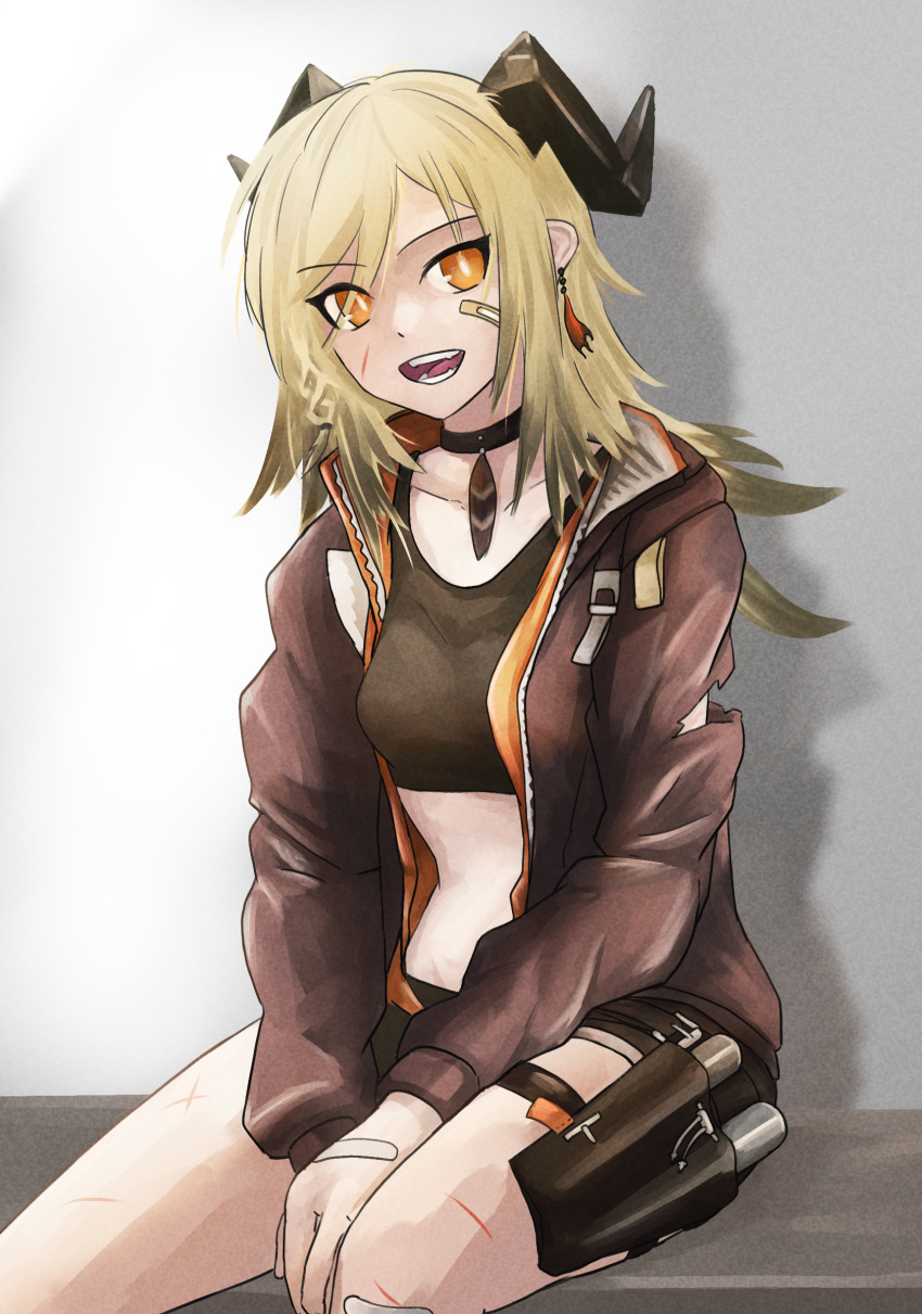 1girl :d arknights bandaid bandaid_on_face black_shirt blonde_hair brown_jacket commentary_request crop_top cuts highres horns ifrit_(arknights) injury jacket long_hair long_sleeves looking_at_viewer midriff open_clothes open_jacket open_mouth orange_eyes shirt sitting smile solo stomach superbeek4 thigh_strap