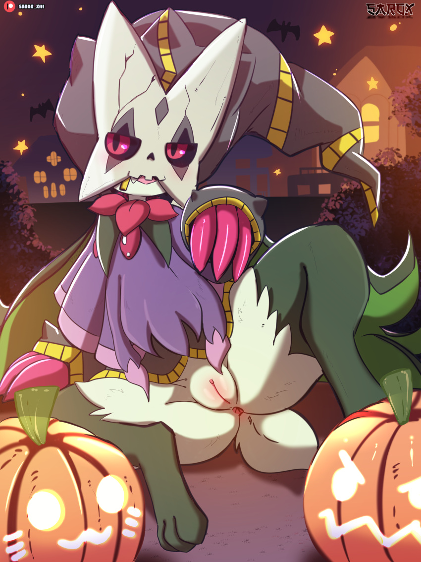 absurd_res anthro anus female fur generation_4_pokemon generation_9_pokemon genitals green_body green_fur halloween hi_res holidays jack-o'-lantern mega_banette mega_evolution meowscarada mismagius nintendo pokemon pokemon_(species) pussy sarox solo