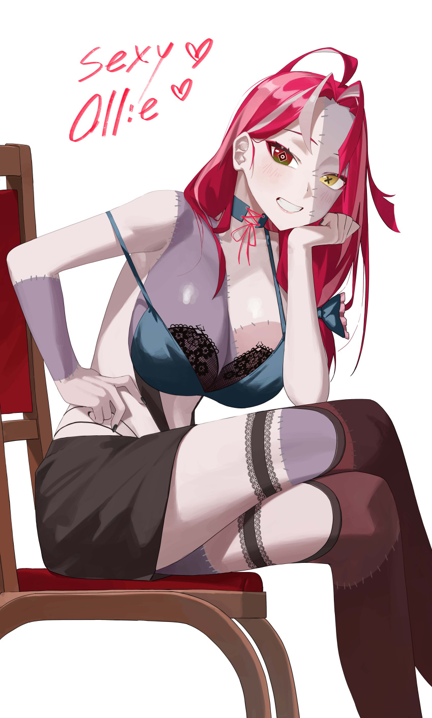 1girl absurdres ahoge alternate_form bare_shoulders bra breasts chair choker cleavage colored_skin cross-laced_choker crossed_legs grey_skin hand_on_own_cheek hand_on_own_face highres hololive hololive_indonesia kureiji_ollie lace-trimmed_bra lace_trim large_breasts long_hair looking_at_viewer mm_(mhm2592) multicolored_skin patchwork_skin red_eyes red_hair sallie_(kureiji_ollie) simple_background sitting smile solo stitched_face stitched_leg stitches symbol-shaped_pupils two-tone_skin underwear virtual_youtuber white_background x-shaped_pupils yellow_eyes zombie